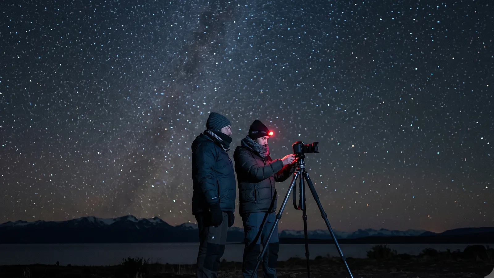 Duas pessoas observam o céu estrelado em uma área rural próxima a Puerto Natales.