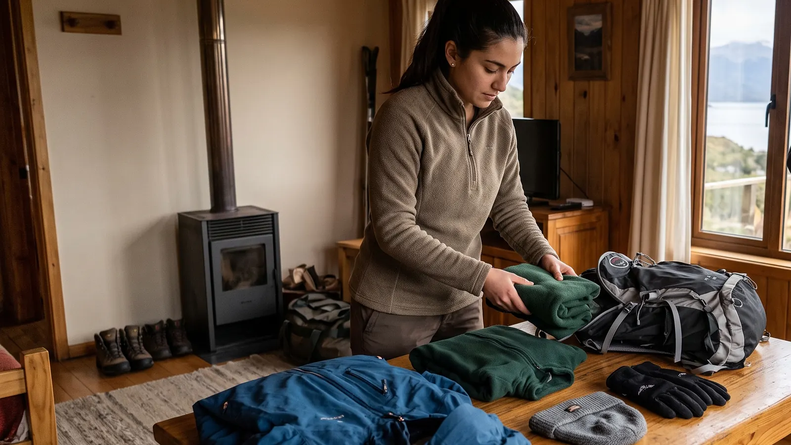 Viajero organiza capas de abrigo antes de salir en Puerto Natales.