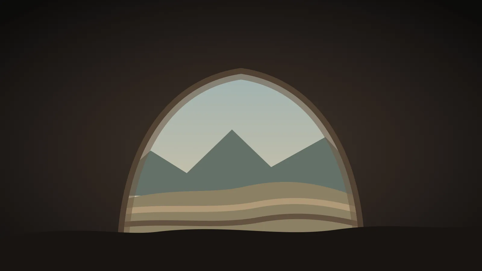 Ilustración de una entrada de cueva y estratos geológicos en tonos australes.