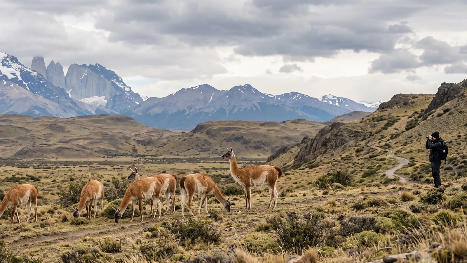 Guanacos silvestres observados à distância na estepe próxima a Puerto Natales.